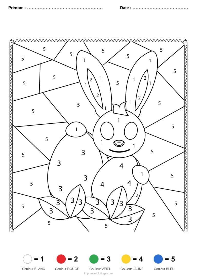 coloriage magique paques lapin dans les feuilles - dessin gratuit &agrave; imprimer