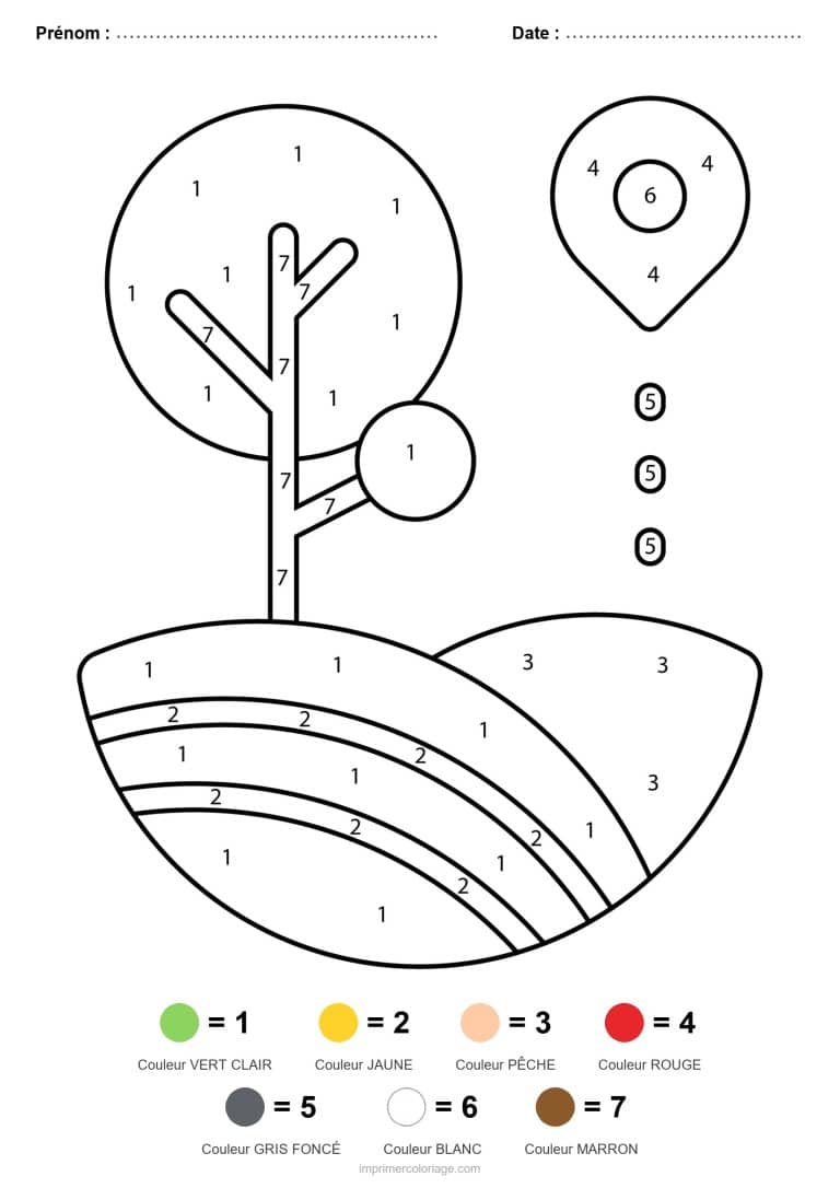 coloriage magique printemps arbre sur la colline - dessin gratuit &agrave; imprimer