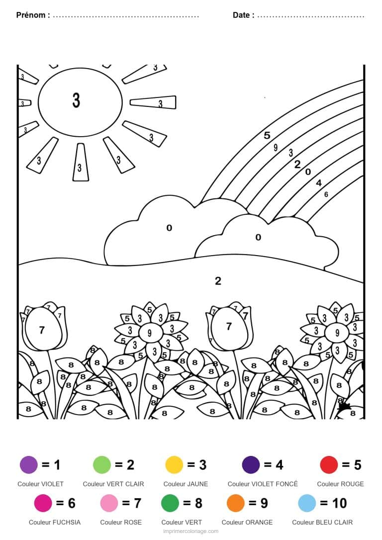 coloriage magique printemps arc en ciel et fleurs - dessin gratuit &agrave; imprimer