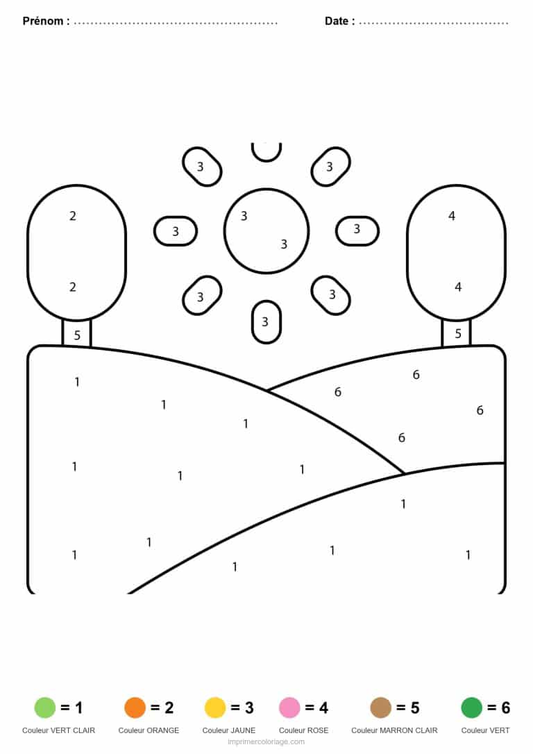 coloriage magique printemps colline fleurie - dessin gratuit &agrave; imprimer
