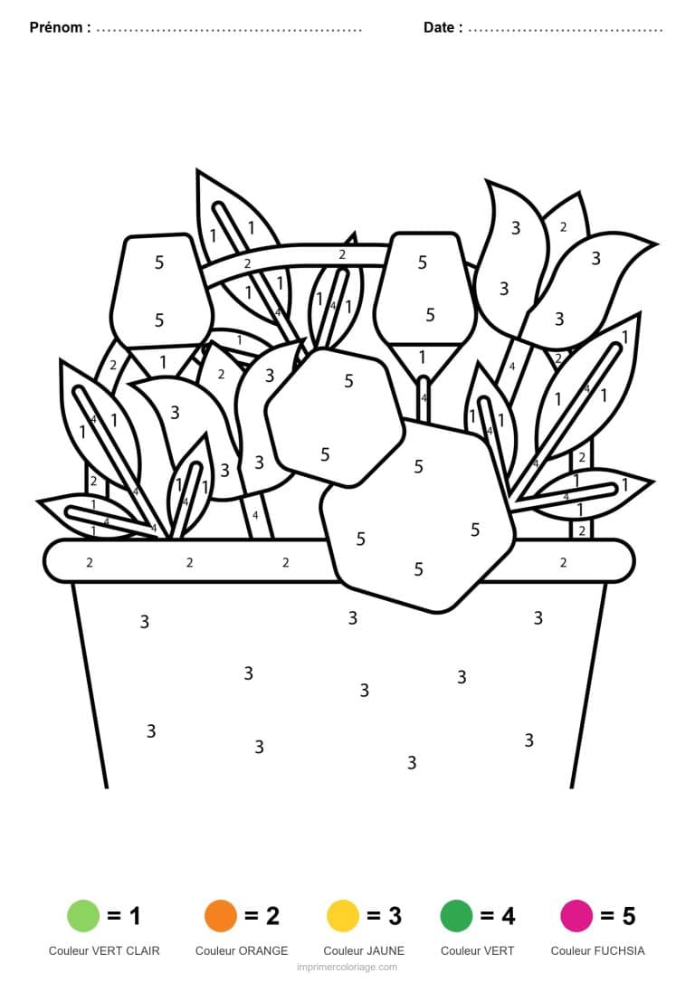coloriage magique printemps jardiniere de tulipes - dessin gratuit &agrave; imprimer