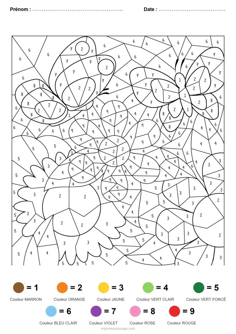 coloriage magique printemps papillon et fleurs - dessin gratuit &agrave; imprimer