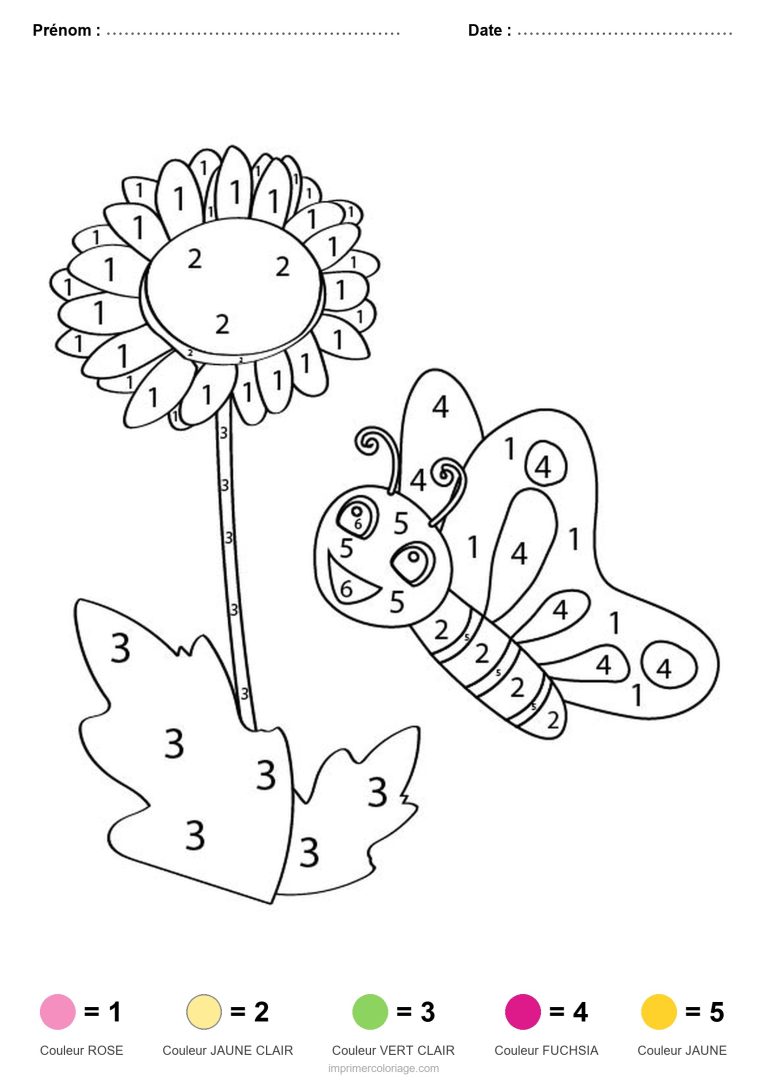 coloriage magique printemps tournesol et papillon - dessin gratuit &agrave; imprimer