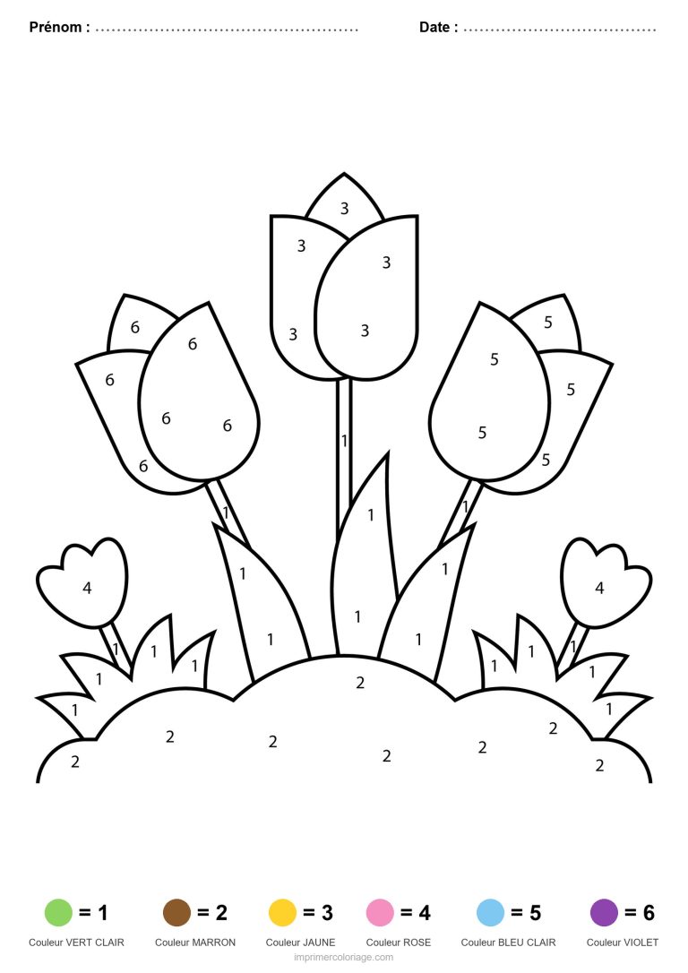 coloriage magique printemps tulipes sur la colline - dessin gratuit &agrave; imprimer