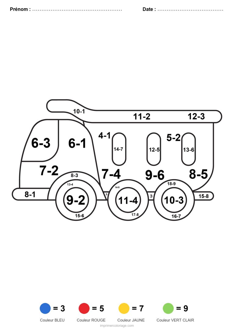 coloriage magique soustraction camion benne facile - dessin gratuit &agrave; imprimer