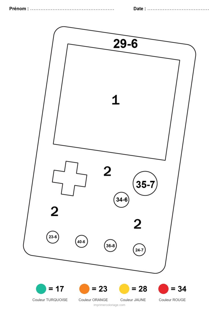 coloriage magique soustraction console de jeu difficile - dessin gratuit &agrave; imprimer