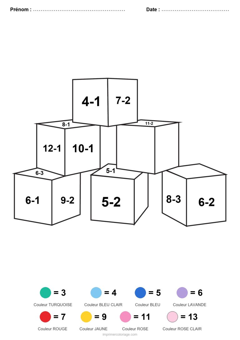 coloriage magique soustraction cubes empiles facile - dessin gratuit &agrave; imprimer