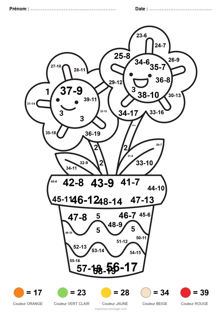 coloriage magique soustraction fleurs en pot difficile - dessin gratuit &agrave; imprimer