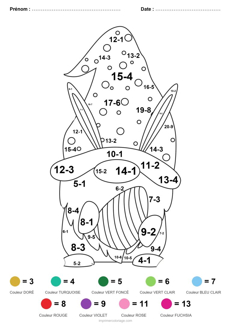 coloriage magique soustraction gnome et oeuf facile - dessin gratuit &agrave; imprimer