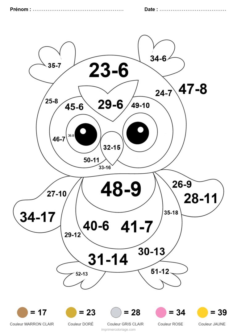 coloriage magique soustraction hibou difficile - dessin gratuit &agrave; imprimer