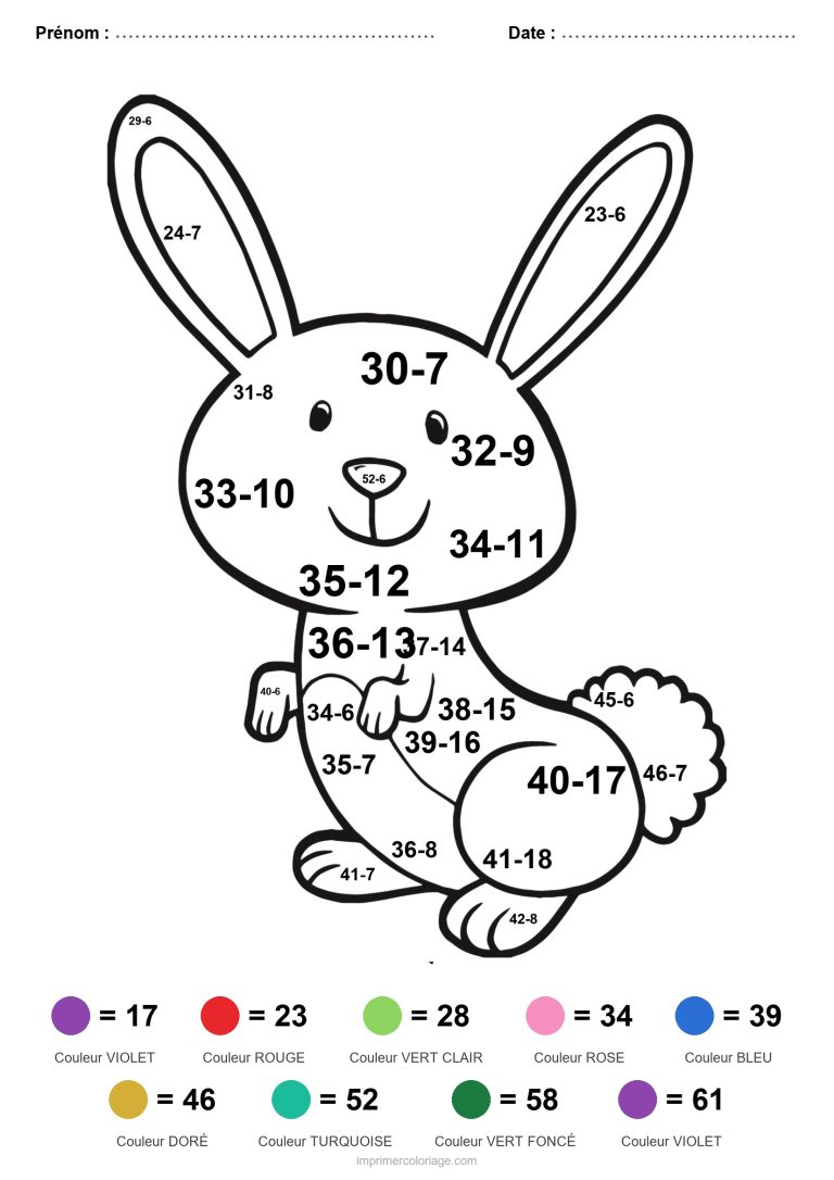 coloriage magique soustraction lapin assis difficile - dessin gratuit &agrave; imprimer
