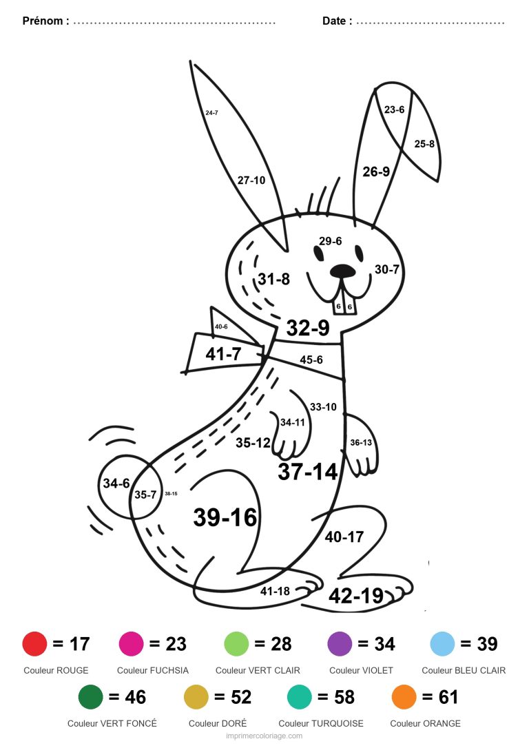 coloriage magique soustraction lapin au noeud papillon difficile - dessin gratuit &agrave; imprimer