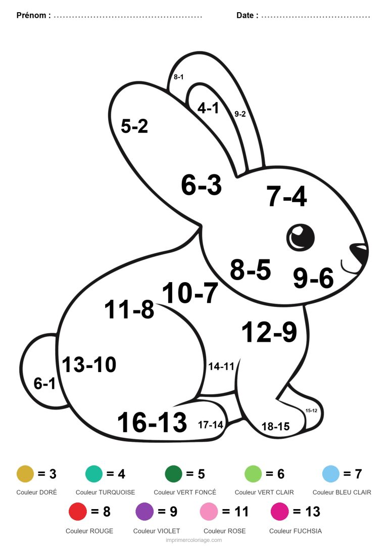 coloriage magique soustraction lapin au repos facile - dessin gratuit &agrave; imprimer