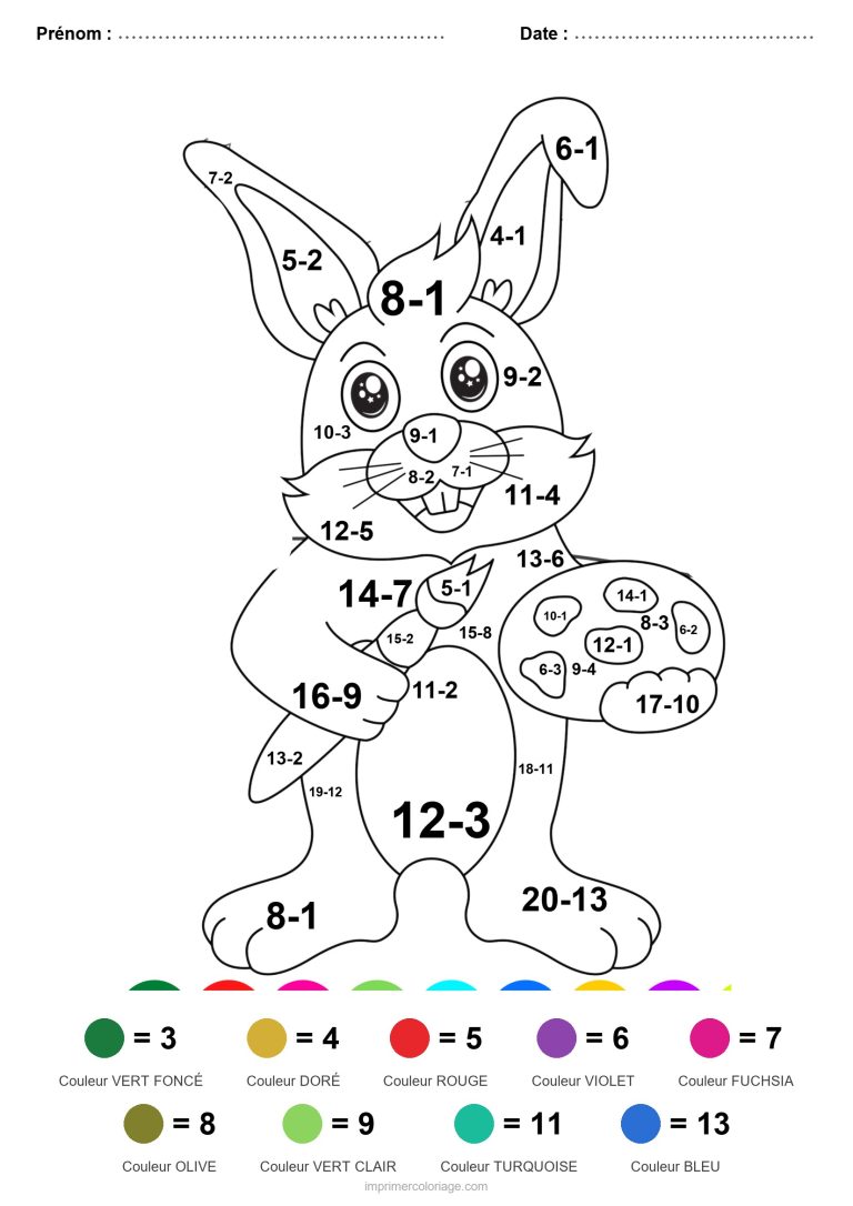 coloriage magique soustraction lapin aux oeufs decores facile - dessin gratuit &agrave; imprimer