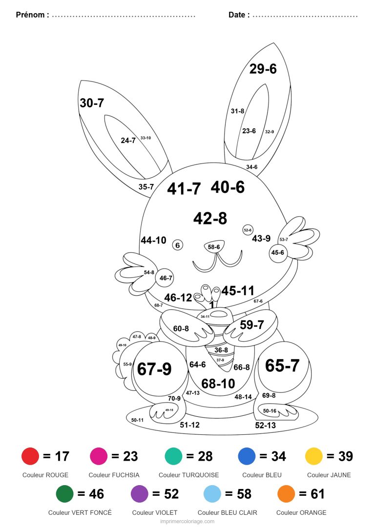 coloriage magique soustraction lapin aux oeufs difficile - dessin gratuit &agrave; imprimer