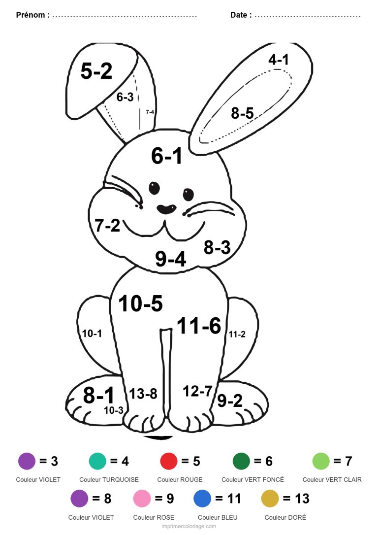 coloriage magique soustraction lapin debout facile - dessin gratuit &agrave; imprimer