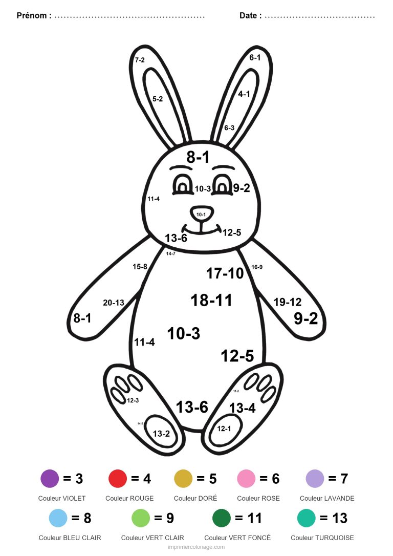 coloriage magique soustraction lapin en peluche facile - dessin gratuit &agrave; imprimer