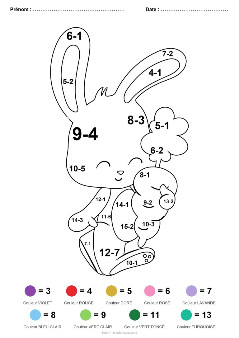 coloriage magique soustraction lapin et lapereau facile - dessin gratuit &agrave; imprimer