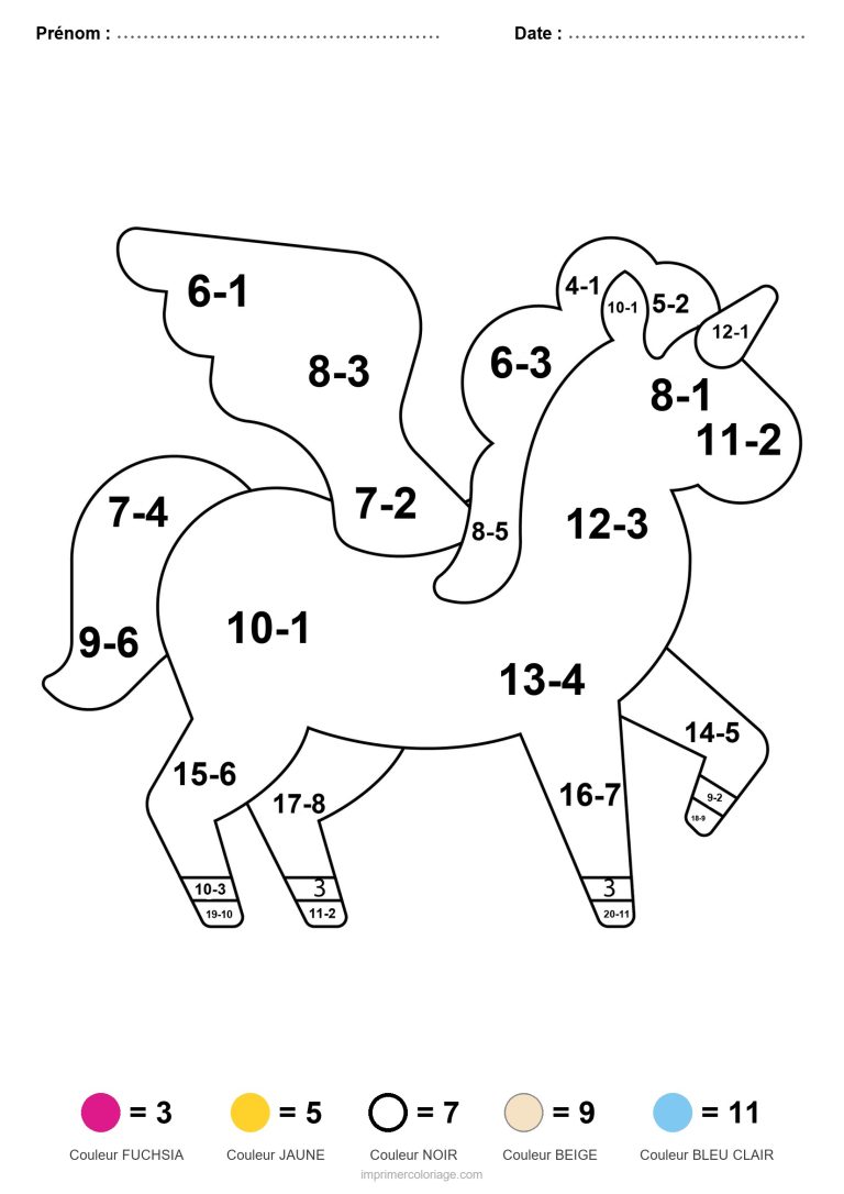 coloriage magique soustraction licorne ailee facile - dessin gratuit &agrave; imprimer