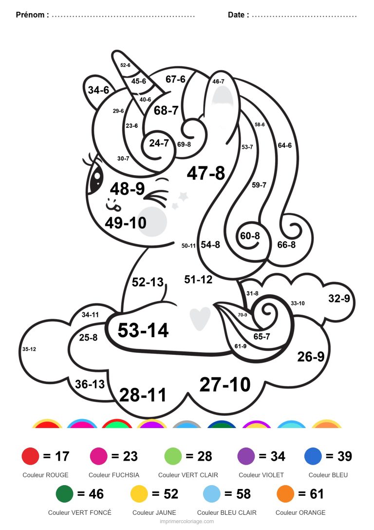 coloriage magique soustraction licorne assise sur un nuage difficile - dessin gratuit &agrave; imprimer