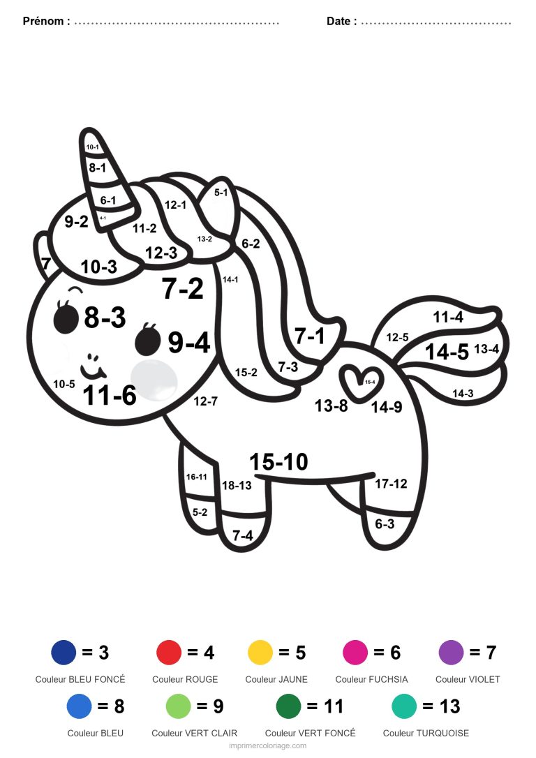 coloriage magique soustraction licorne au coeur facile - dessin gratuit &agrave; imprimer