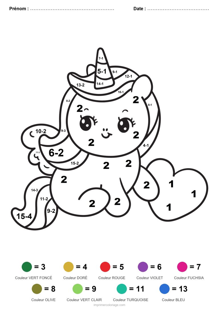 coloriage magique soustraction licorne chat facile - dessin gratuit &agrave; imprimer