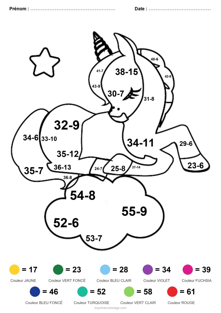 coloriage magique soustraction licorne endormie sur un nuage difficile - dessin gratuit &agrave; imprimer