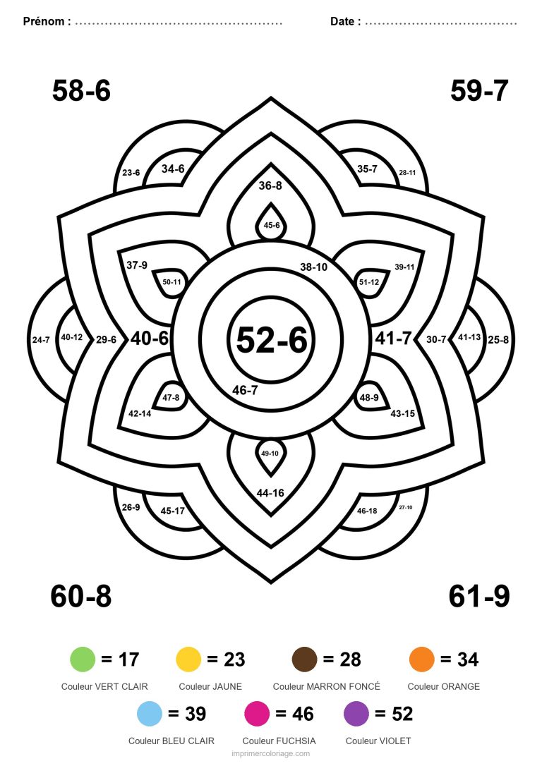 coloriage magique soustraction mandala a collerette difficile - dessin gratuit &agrave; imprimer