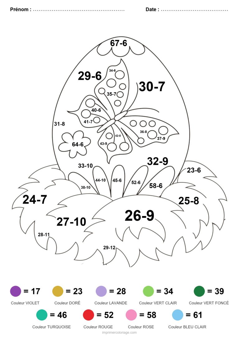 coloriage magique soustraction oeuf et papillon difficile - dessin gratuit &agrave; imprimer