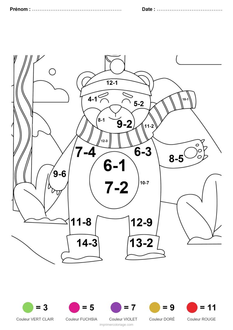 coloriage magique soustraction ours a l echarpe facile - dessin gratuit &agrave; imprimer