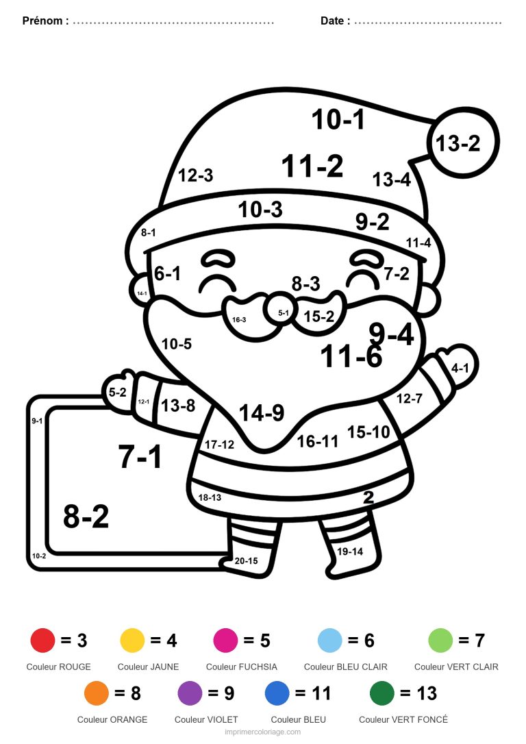 coloriage magique soustraction pere noel a l ardoise facile - dessin gratuit &agrave; imprimer
