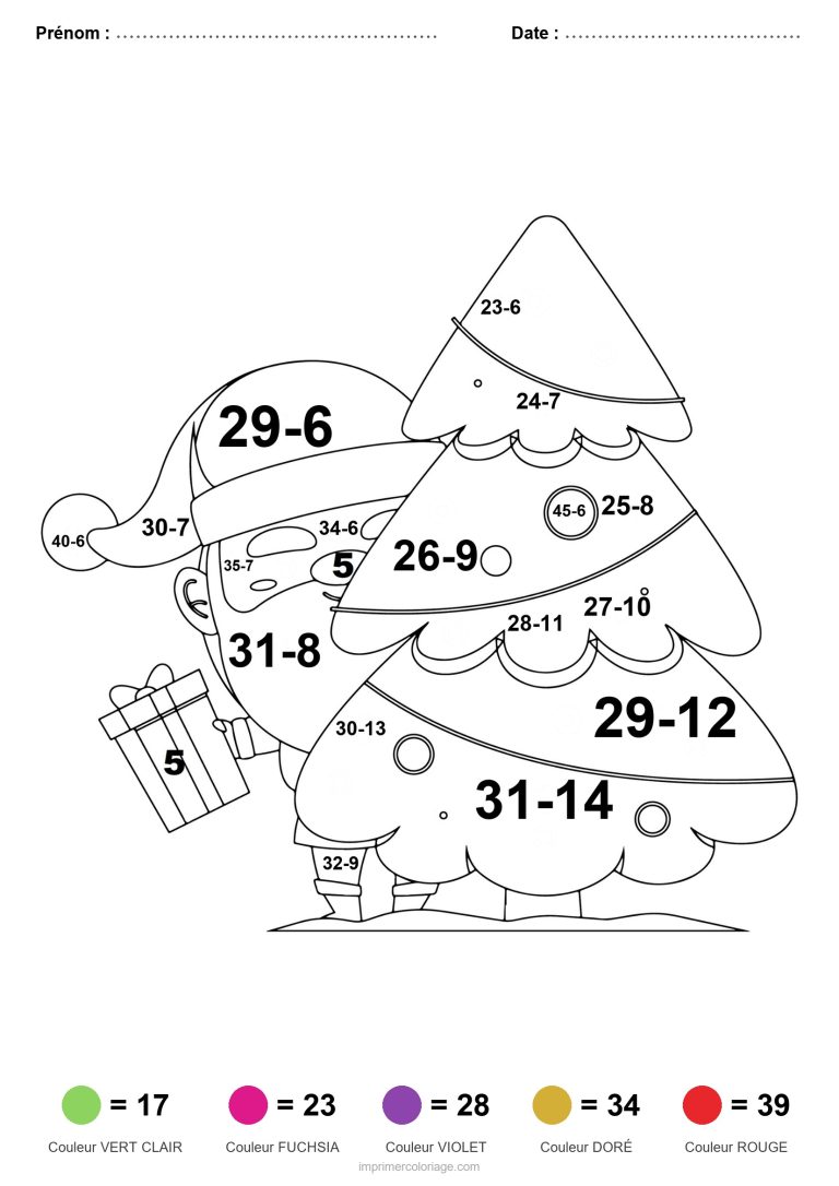 coloriage magique soustraction pere noel derriere le sapin difficile - dessin gratuit &agrave; imprimer