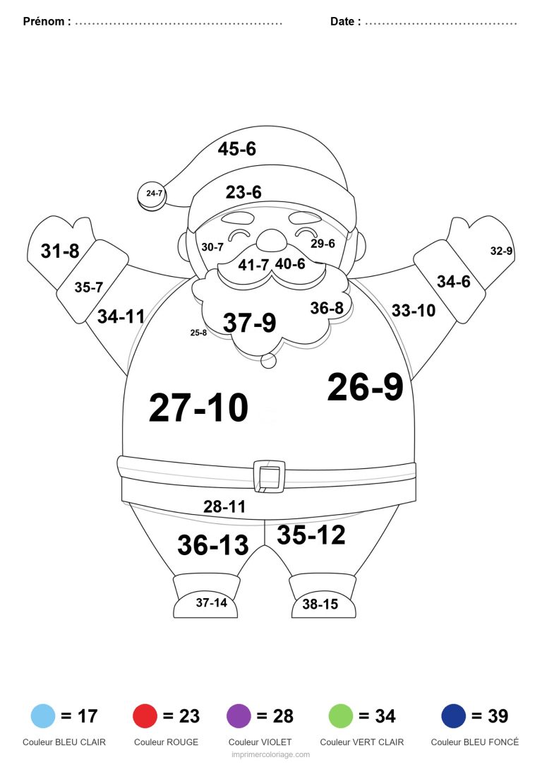 coloriage magique soustraction pere noel joyeux difficile - dessin gratuit &agrave; imprimer