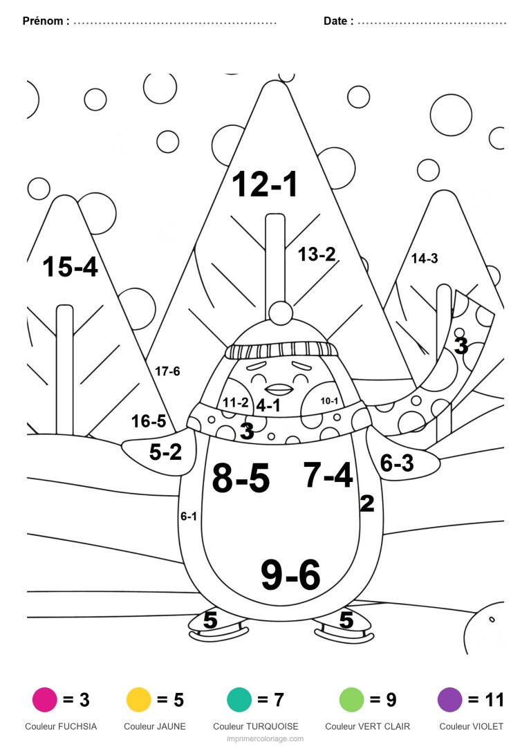 coloriage magique soustraction pingouin en foret facile - dessin gratuit &agrave; imprimer