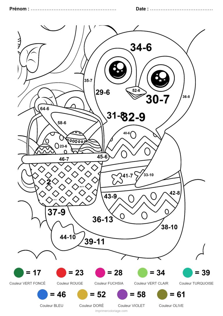 coloriage magique soustraction poussin au panier difficile - dessin gratuit &agrave; imprimer