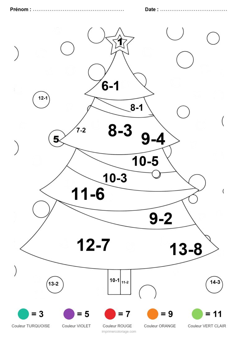 coloriage magique soustraction sapin enneige facile - dessin gratuit &agrave; imprimer