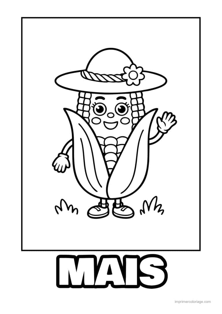 coloriage mais epi de mais kawaii au chapeau - dessin gratuit &agrave; imprimer