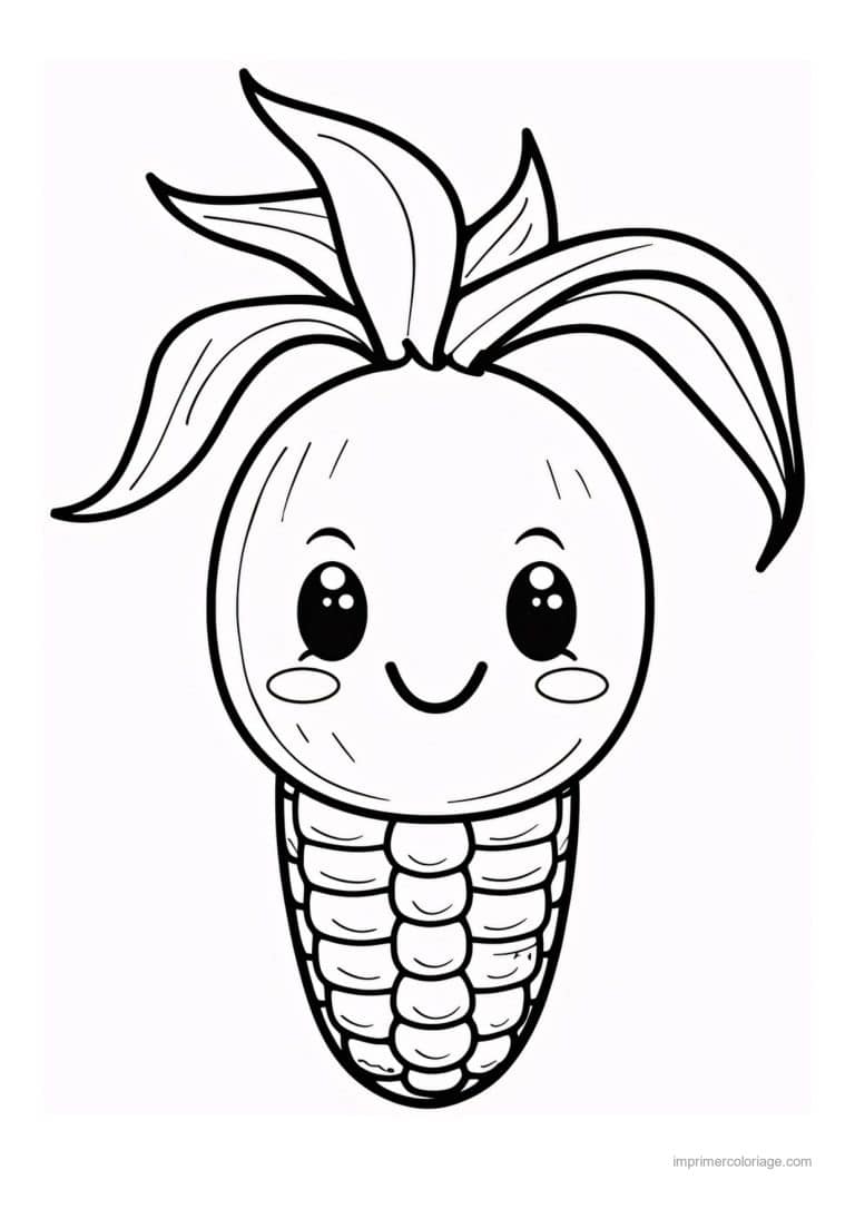 coloriage mais epi de mais kawaii aux feuilles ouvertes - dessin gratuit &agrave; imprimer