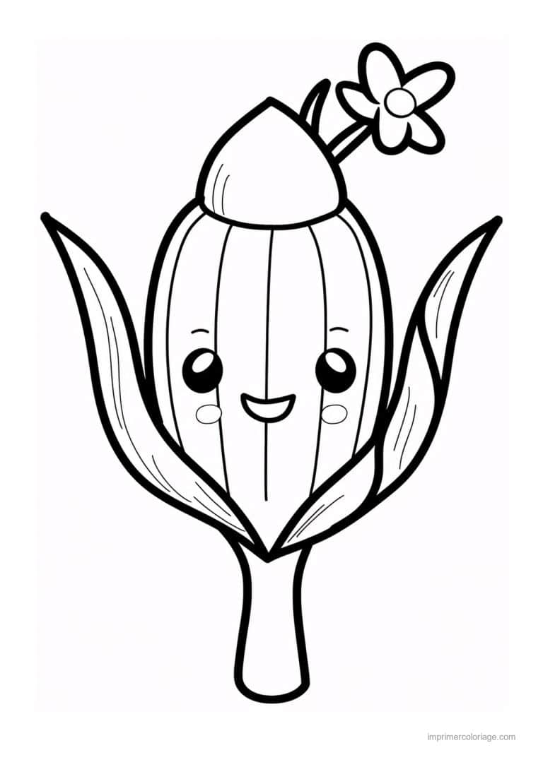 coloriage mais epi de mais kawaii et sa fleur - dessin gratuit &agrave; imprimer