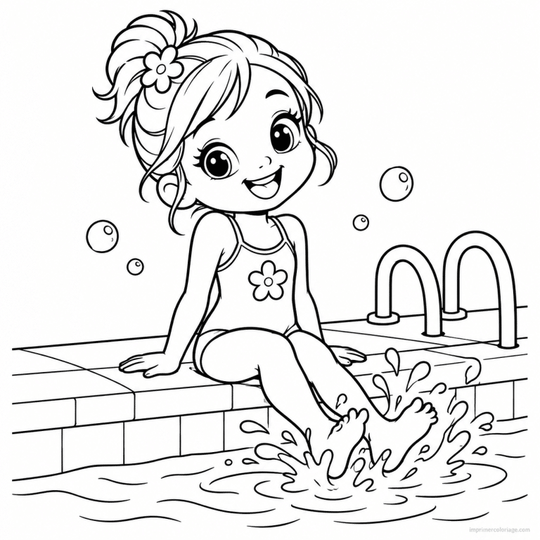coloriage natation cute nageuse fleur bord piscine - dessin gratuit &agrave; imprimer