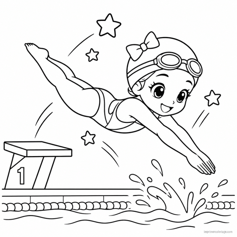 coloriage natation cute nageuse noeud plongeon piscine - dessin gratuit &agrave; imprimer