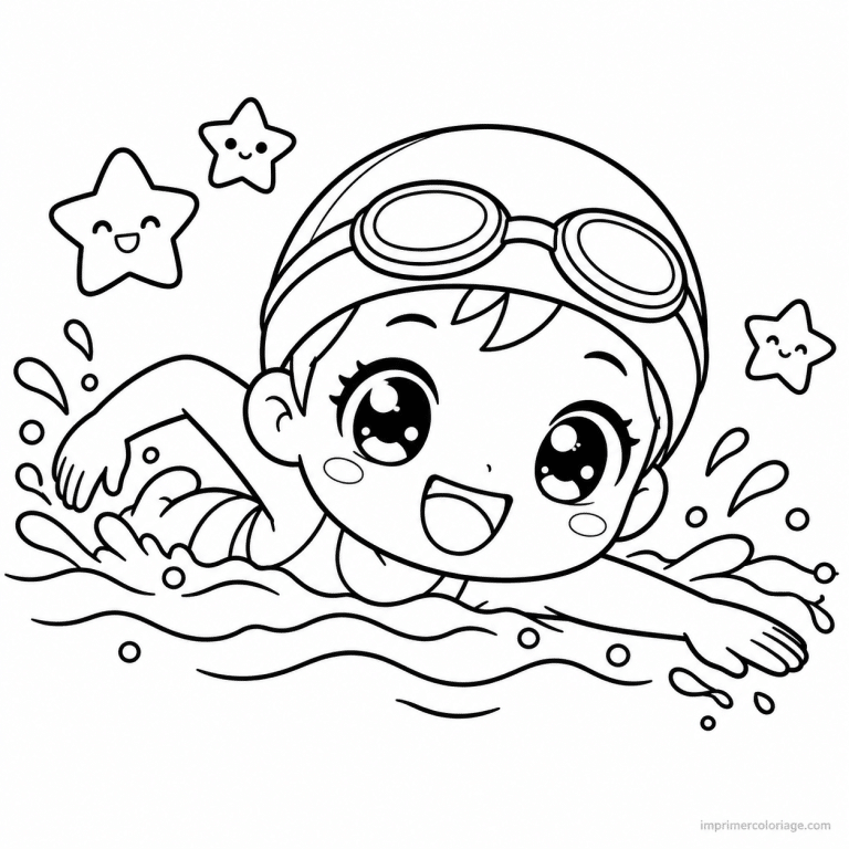 coloriage natation kawaii nageur crawl etoiles - dessin gratuit &agrave; imprimer