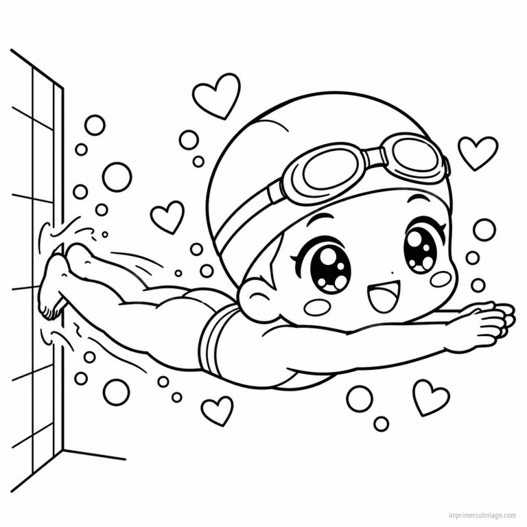 coloriage natation kawaii nageur depart mur - dessin gratuit &agrave; imprimer