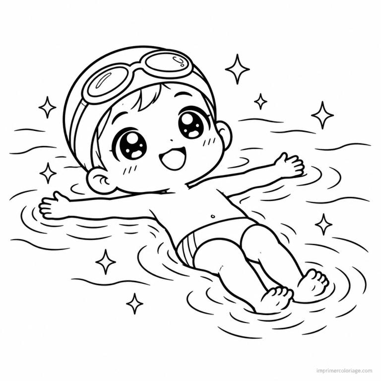 coloriage natation kawaii nageur sur dos - dessin gratuit &agrave; imprimer