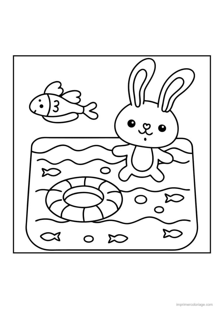 coloriage natation lapin piscine bouee - dessin gratuit &agrave; imprimer