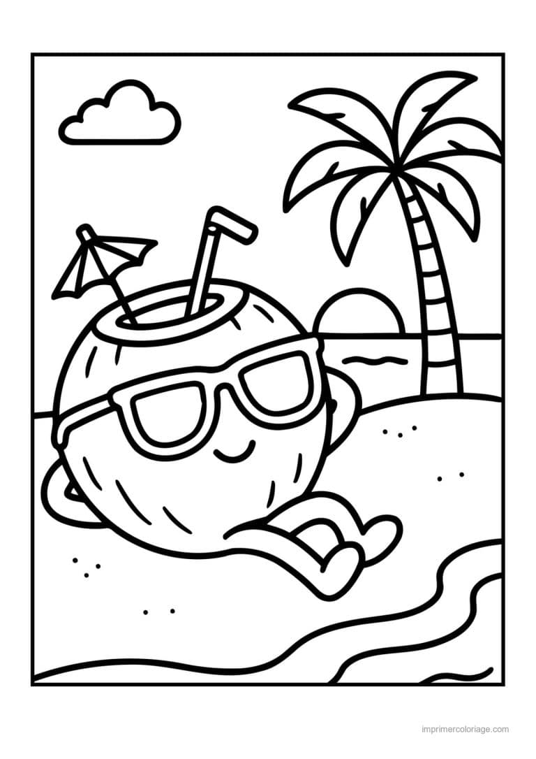 coloriage noix de coco noix de coco kawaii a la plage - dessin gratuit &agrave; imprimer