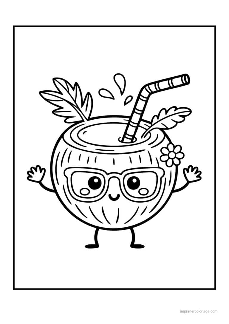 coloriage noix de coco noix de coco kawaii a lunettes - dessin gratuit &agrave; imprimer