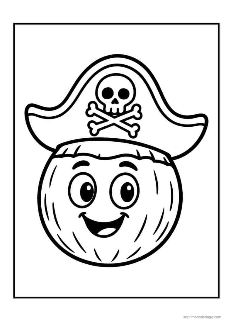 coloriage noix de coco noix de coco kawaii au chapeau de pirate - dessin gratuit &agrave; imprimer