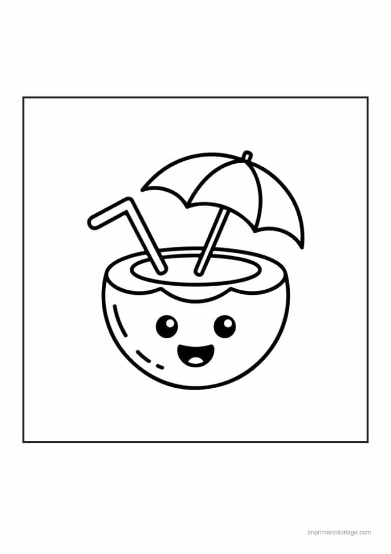 coloriage noix de coco noix de coco kawaii et parasol - dessin gratuit &agrave; imprimer