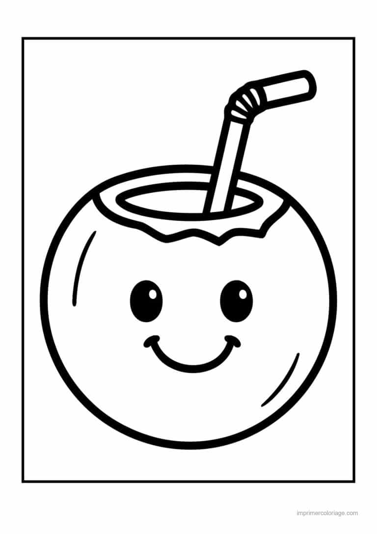 coloriage noix de coco noix de coco kawaii et sa boisson - dessin gratuit &agrave; imprimer